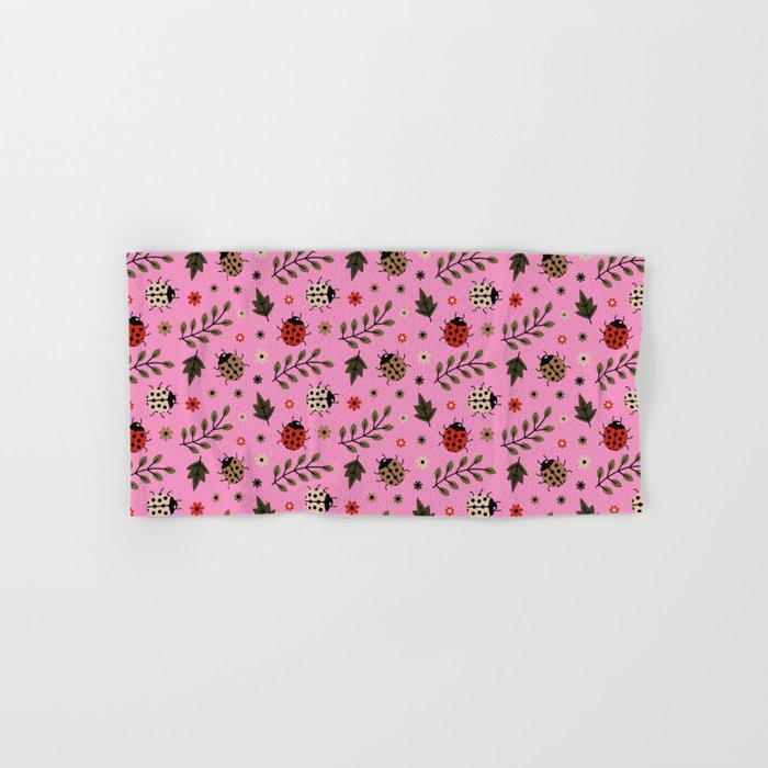 Ladybug and Floral Seamless Pattern on Pink Background Hand & Bath Towel