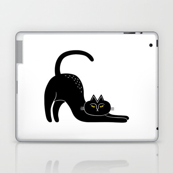 Creepy black cat stretching cartoon illustration Laptop & iPad Skin