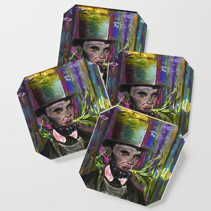 psychedelic US president  Abraham Lincoln with Trippy top-hat and rainbow halo Coaster