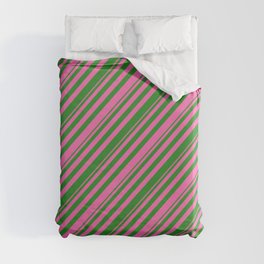 [ Thumbnail: Hot Pink and Forest Green Colored Stripes Pattern Duvet Cover ]
