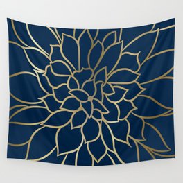 Floral Prints, Line Art, Navy Blue and Gold Wall Tapestry