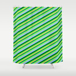 [ Thumbnail: Dark Green, Green, Yellow & Light Sky Blue Colored Lined Pattern Shower Curtain ]
