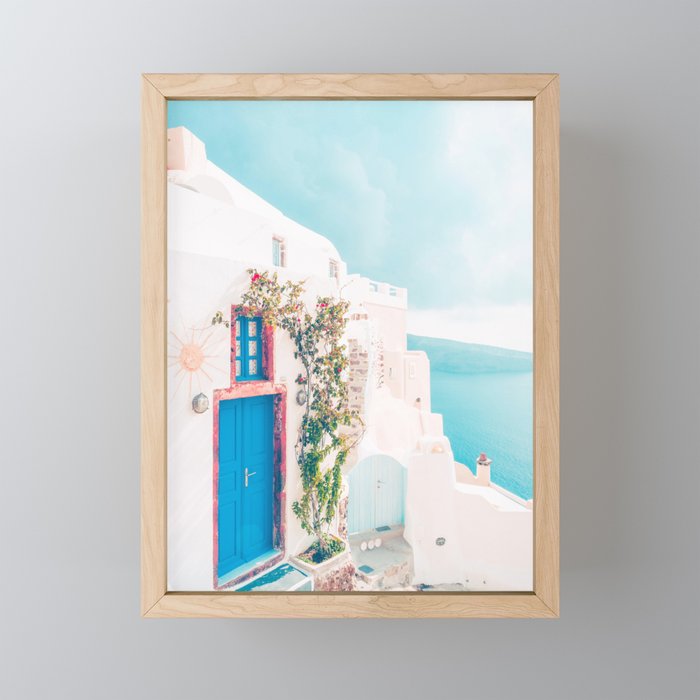 Santorini Greece Blue Door Cozy Photography Framed Mini Art Print