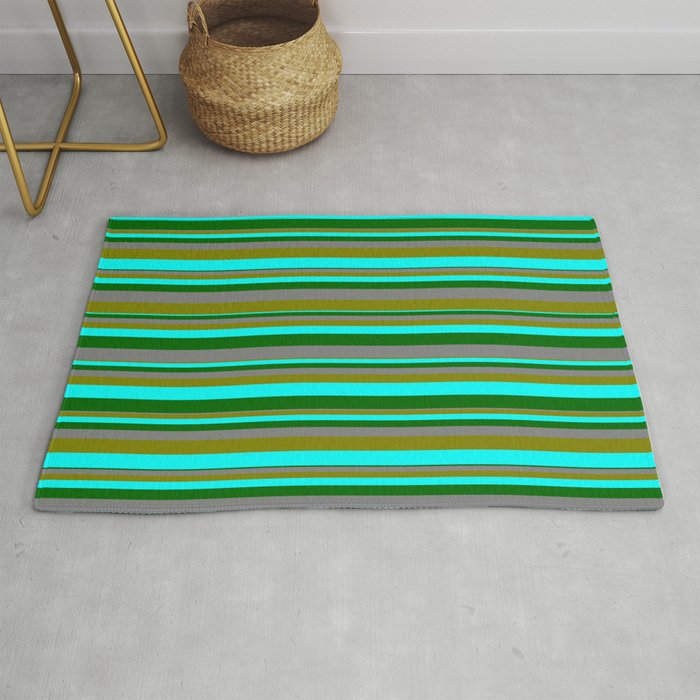 Grey, Green, Aqua & Dark Green Colored Stripes/Lines Pattern Rug