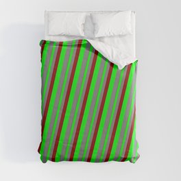 [ Thumbnail: Dark Red, Lime, and Gray Colored Stripes Pattern Duvet Cover ]