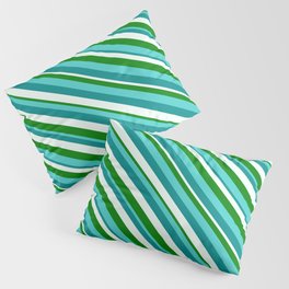 [ Thumbnail: Turquoise, Dark Cyan, Mint Cream, and Green Colored Lined Pattern Pillow Sham ]