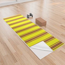 [ Thumbnail: Yellow and Sienna Colored Lined/Striped Pattern Yoga Towel ]