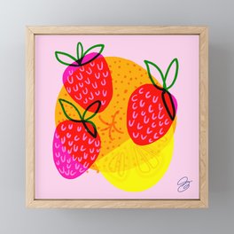 Citrus Strawberries Retro Scandi Modern Hot Pink And Green Mid-Century Cottagecore Maximalist Red Colorful Saturated Color Tropical Summer Illustrated Lemon Yellow And Orange Fruit Food Design Framed Mini Art Print