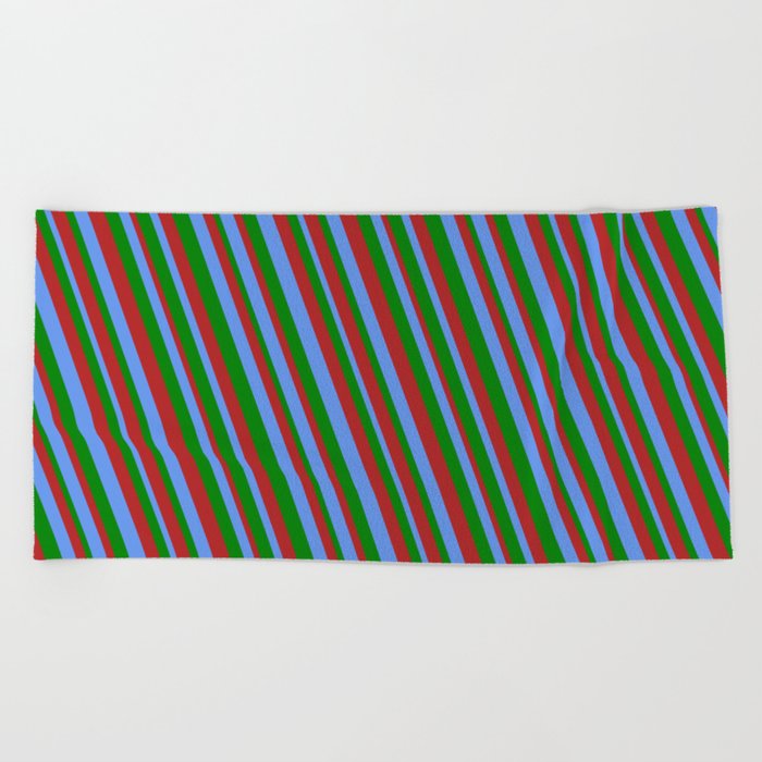 Cornflower Blue, Green & Red Colored Stripes Pattern Beach Towel