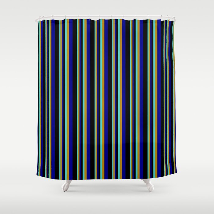 Turquoise, Dark Goldenrod, Dark Blue & Black Colored Stripes Pattern Shower Curtain