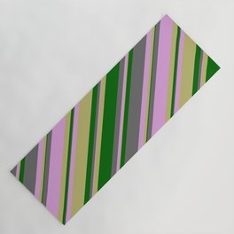[ Thumbnail: Dim Grey, Plum, Dark Khaki & Dark Green Colored Striped/Lined Pattern Yoga Mat ]