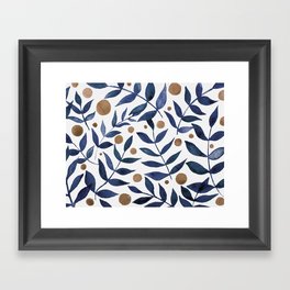 Watercolor berries and branches - indigo and beige Framed Art Print