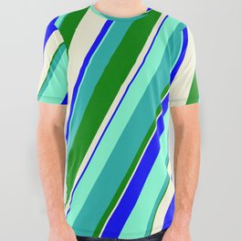 [ Thumbnail: Vibrant Aquamarine, Light Sea Green, Green, Beige, and Blue Colored Lines Pattern All Over Graphic Tee ]