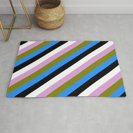 [ Thumbnail: Eye-catching Plum, Green, Blue, Black, and White Colored Stripes Pattern Rug ]