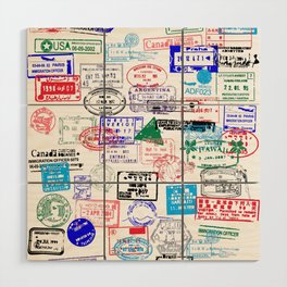 Series Of World Travel Passport Stamps Wood Wall Art