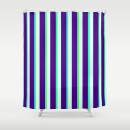 [ Thumbnail: Light Cyan, Indigo, Aqua, and Green Colored Lined/Striped Pattern Shower Curtain ]