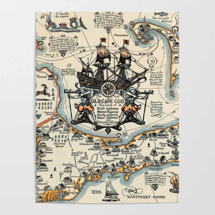 1930 Vintage Map of Old Cape Cod Poster