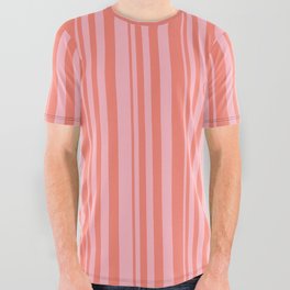 [ Thumbnail: Salmon and Light Pink Colored Lined Pattern All Over Graphic Tee ]