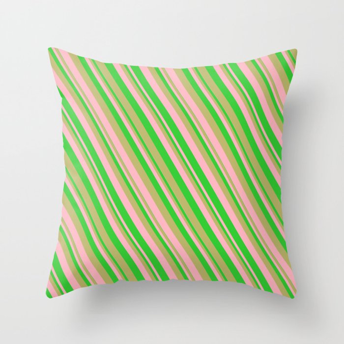 Dark Khaki, Light Pink & Lime Green Colored Lines/Stripes Pattern Throw Pillow