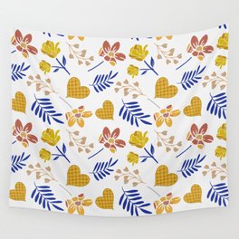 Autumn Blue Gold Floral Hearts & Ferns Wall Tapestry