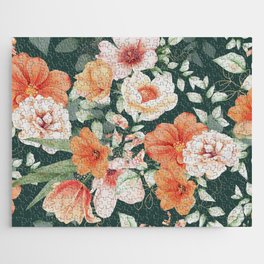 Peach Florals with Painted Speckles on Dark Green Jigsaw Puzzle