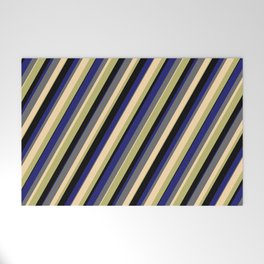 [ Thumbnail: Vibrant Dim Grey, Tan, Dark Khaki, Black, and Midnight Blue Colored Lines Pattern Welcome Mat ]