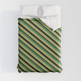 [ Thumbnail: Dark Khaki, Black & Sea Green Colored Lines Pattern Duvet Cover ]