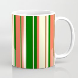 [ Thumbnail: Red, Light Yellow & Dark Green Colored Stripes Pattern Coffee Mug ]