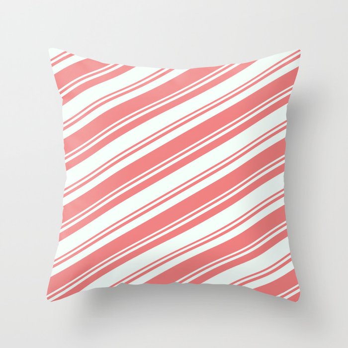 Mint Cream & Light Coral Colored Striped/Lined Pattern Throw Pillow