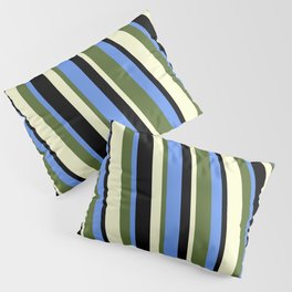 [ Thumbnail: Cornflower Blue, Dark Olive Green, Light Yellow, and Black Colored Lines/Stripes Pattern Pillow Sham ]
