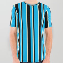 [ Thumbnail: Deep Sky Blue, Black, and Light Yellow Colored Lines Pattern All Over Graphic Tee ]