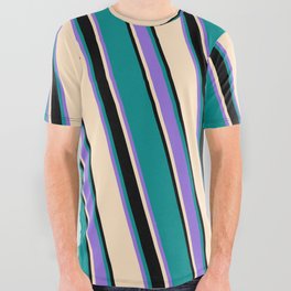 [ Thumbnail: Bisque, Black, Dark Cyan, and Purple Colored Striped Pattern All Over Graphic Tee ]