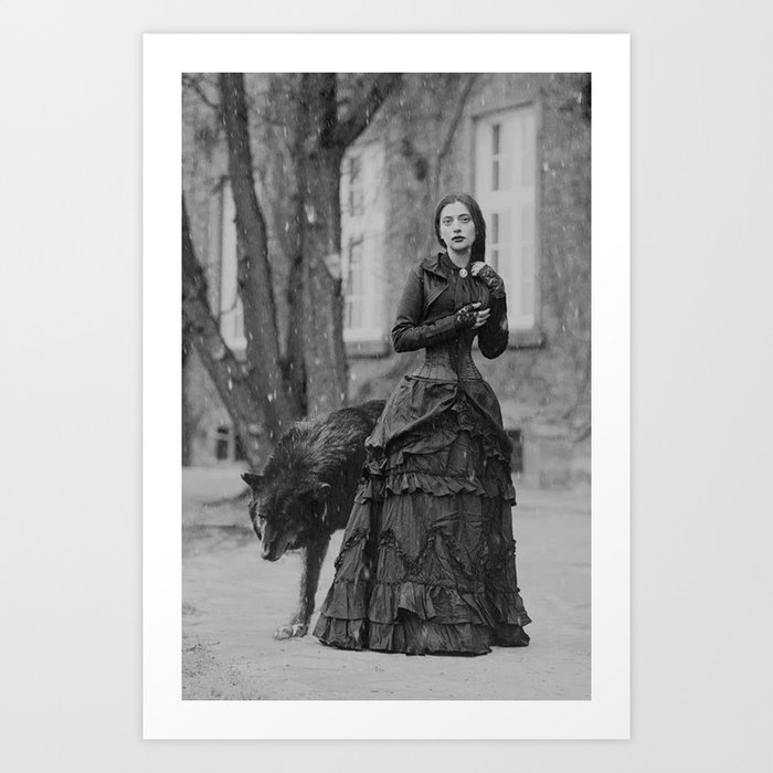 The Girl and the Big Bad Wolf black and white photograph Art Print