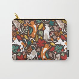 Autumn joy // brown oak background cats dancing with many leaves in fall colors Carry-All Pouch