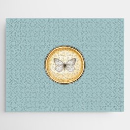 Vintage Hand-Drawn Butterfly Circle Pendant on Sage Green Blue Jigsaw Puzzle