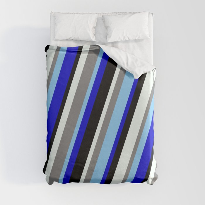 Vibrant Gray, Light Sky Blue, Blue, Black, and Mint Cream Colored Lines Pattern Duvet Cover
