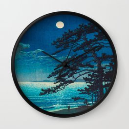 Vintage Japanese Woodblock Print Moonlight Over Ocean Japanese Landscape Tall Tree Silhouette Wall Clock | Silhouette, Painting, Talltree, Moonlight, Overocean, Watercolor, Japanese, Woodblockprint, Vintage, Japaneselandscape 