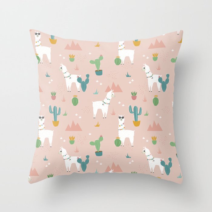 Summer Llamas on Pink Throw Pillow