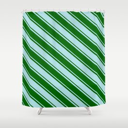 [ Thumbnail: Powder Blue & Dark Green Colored Pattern of Stripes Shower Curtain ]