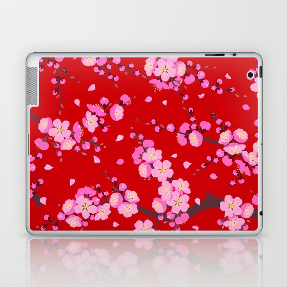 Cherry Blossom Japanese Flowers Red Background Seamless Pattern Laptop & iPad Skin