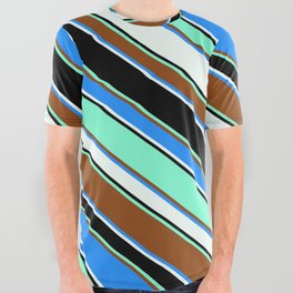 [ Thumbnail: Colorful Brown, Blue, Mint Cream, Black & Aquamarine Colored Striped Pattern All Over Graphic Tee ]