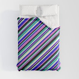 [ Thumbnail: Blue, Orchid, Black, Light Sea Green & Beige Colored Pattern of Stripes Comforter ]