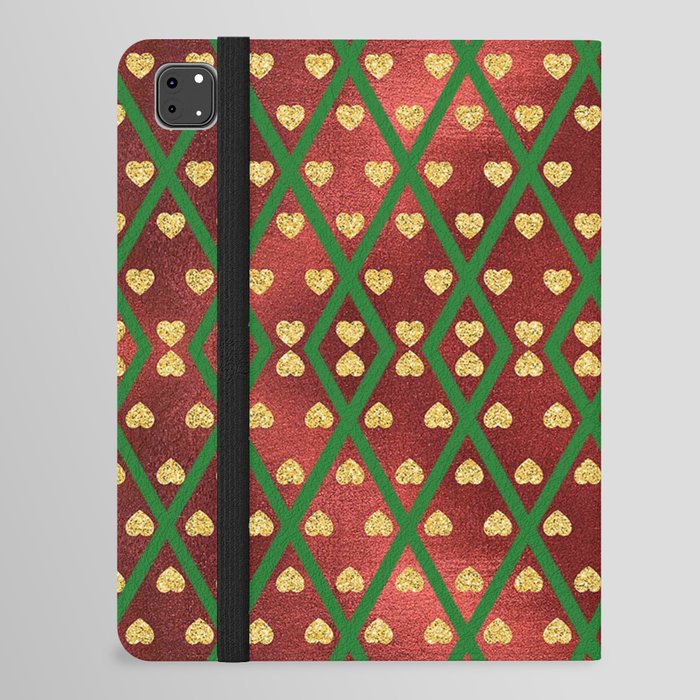 Gold Hearts on a Red Shiny Background with Green Crisscross  Diamond Lines iPad Folio Case