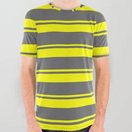 [ Thumbnail: Yellow and Dim Gray Colored Lined/Striped Pattern All Over Graphic Tee ]