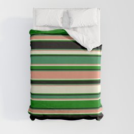 [ Thumbnail: Eye-catching Sea Green, Dark Salmon, Beige, Green, and Black Colored Lined Pattern Duvet Cover ]