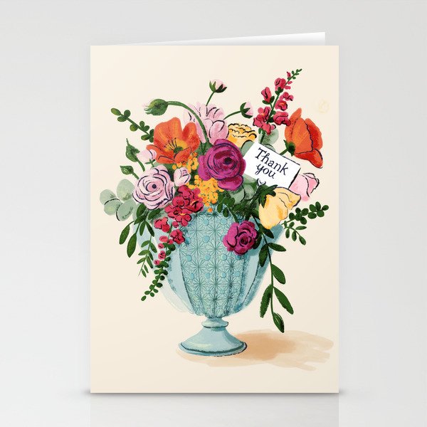 Thank You card floral ranunculi, poppies and snapdragon bouquet in vintage vase Stationery Cards