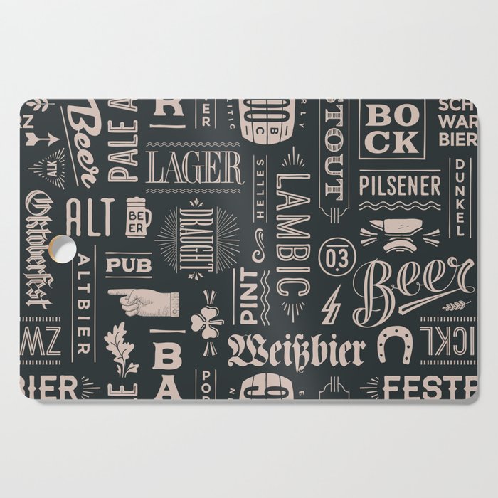 Seamless pattern with types of beer and hand drawn lettering. Vintage drawing. Vintage Illustration Cutting Board