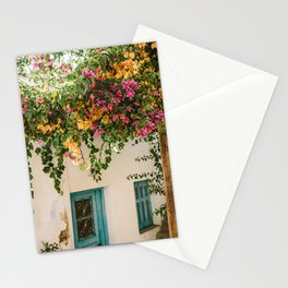 Flower Crown over Greek Town Street | Colorful Travel Photography in the Streets of Naxos, Greece Stationery Card