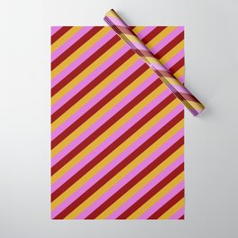 [ Thumbnail: Goldenrod, Orchid, and Dark Red Colored Pattern of Stripes Wrapping Paper ]