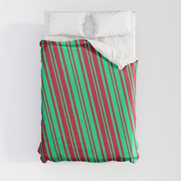[ Thumbnail: Crimson and Green Colored Lines/Stripes Pattern Duvet Cover ]